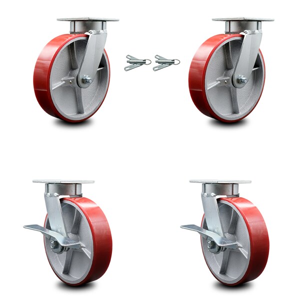 Service Caster 8 Inch Kingpinless Red Poly on Steel Wheel Caster Swivel Locks 2 Brakes, 2PK SCC-KP30S820-PUR-RS-BSL-2-SLB-2 - main